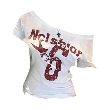 Imagem de Camiseta Cropped Feminina Y2K Com Ombros À Mostra, Estampa De Letras, 
