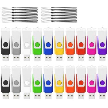 Imagem de Pen Drive USB 1 GB Pacote com 20 unidades AGECASH USB 2.0 Pen Drive 2.0, pacote com 20 unidades giratórias Pendrive Memory Stick Zip Jump Drives, pacote com 20 cordões pretos (colorido, 1 GB)