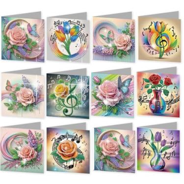 Imagem de C'eitura Kit de cartões comemorativos com 12 peças de arte de diamante com buquê romântico, com envelopes, tema floral faça você mesmo, Natal, aniversário, agradecimento, cartão, artesanato, inspirado