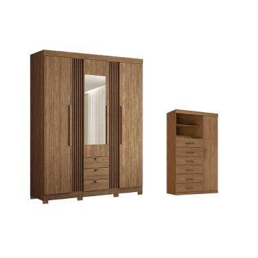 Imagem de Guarda Roupa Solteiro e Closet + Cômoda Qc238 Jatobá 3 Portas de Bater 3 Gavetas MDP Fo...