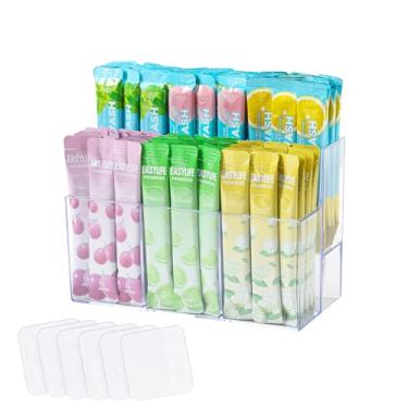 Imagem de CLUQMEIK Organizador de pacote de bebida de 2 camadas, suporte de pacote de acrílico com sabor de água e adesivos quadrados, organizador de saquinhos de chá com 6 compartimentos, suporte de pacote de