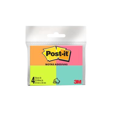 Imagem de Bloco Adesivo Post It 3M Colorido com 4 Blocos de 50 Folhas 38x50mm