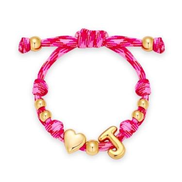 Imagem de WOWORAMA Pulseira feminina com a letra J com bolhas de corda trançada rosa fofa pulseira personalizada com pingente de coração com nó de amor joia da amizade J