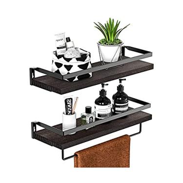 Imagem de Prateleira de banheiro montada na parede, madeira maciça Paulownia, conjunto de 2 para cozinha, banheiro e quarto, prateleira decorativa de armazenamento com suporte de toalha removível, prateleiras