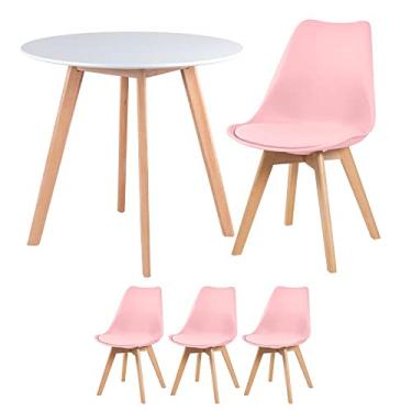 Imagem de Loft7, Kit - Mesa redonda 80 cm branco + 3 cadeiras Leda rosa claro