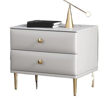 Imagem de Mesa de cabeceira de couro PU com tampo de mármore mesa de cabeceira de madeira maciça ferro cabeceira cabeceira armários móveis de armário (cor: cinza) (branco)