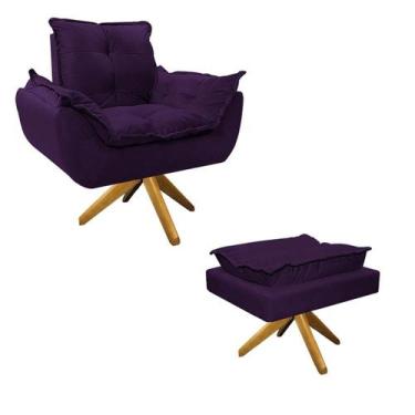 Imagem de Kit Poltrona e Puff Opala Base Giratória de Madeira Suede Roxo - Doce 