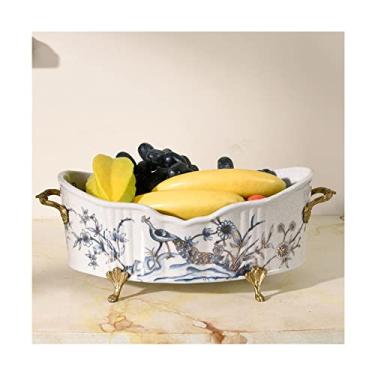 Imagem de Pratos de frutas decoração tigela de frutas chinês retrô pintado prato de frutas de cerâmica sala de estar restaurante decoração de mesa grande prato de frutas cobre alça dupla orelha tigela de doces