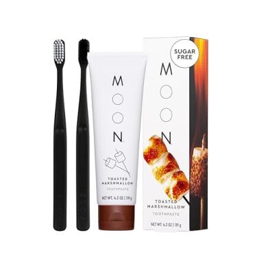 Imagem de MOON Pasta de dente, sabor de marshmallow torrado, 120 ml, mais escova de dentes de cerdas macias, pacote com 2, sem flúor ou açúcar, suave no esmalte, gengivas e dentes, pasta de dente branqueadora