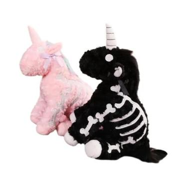 Imagem de Mochila Unicórnio Punk Escuro Rosa De Pelúcia Com Esqueleto De Cavalo 