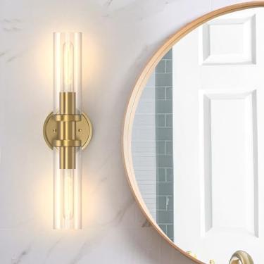 Imagem de Espird Luminárias de banheiro 2 lâmpadas douradas, luzes de banheiro sobre espelho, arandelas de parede, iluminação industrial, luminárias modernas de vaidade dourada escovada com persianas de vidro