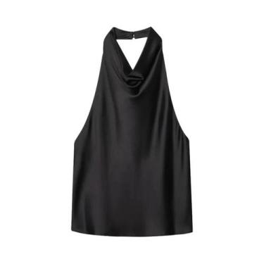 Imagem de Top Halter De Cetim Feminino Preto E Amarelo Sem Mangas Para O Verão -