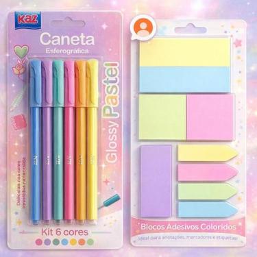 Imagem de Kit 6 Canetas Esferográficas e Blocos de Anotações em Tons Pastel  Lin