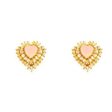 Imagem de Brinco Coração Folheado a Ouro 18k com Zirconia Rosa Leitosa