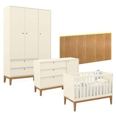 Imagem de Quarto De Bebê Unique 3 Portas Com Cômoda Sapateira E Painel Farm Com Led Off White Eco Wood - Matic