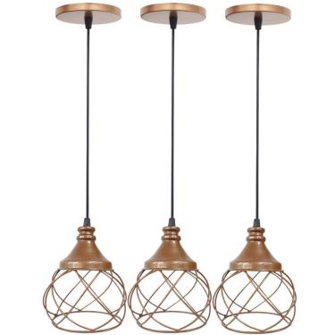 Imagem de 3 Pendentes Aramado  Cobre Rose Gold Lustre Luminária Teto Regulável Sala Cozinha