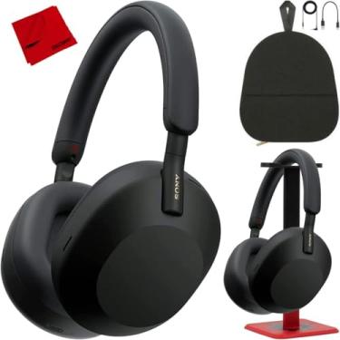 Imagem de Sony Fones de ouvido WH1000XM5/B sem fio com cancelamento de ruído (preto) pacote com capa rígida Deco Gear + suporte de fone de ouvido de áudio profissional + pano de limpeza de microfibra