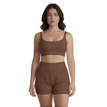 Imagem de Conjunto de Short Duplo Fitness Academia Treino Feminino Cor:MarromTam