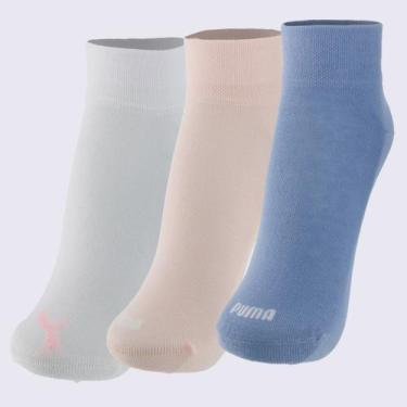 Imagem de Kit Meia Puma Cano Médio 3 Pares Feminina Rosa Branca e Azul, 34-39
