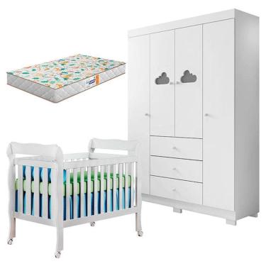 Imagem de Berço Americano Lila e Guarda Roupa Infantil Ane Branco Brilho com Colchão Gazin – Phoe...