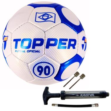 Imagem de Kit Bola de Futsal 90 Oficial Costurada à Mão com Bomba de Ar Kagiva Azul e Preto Topper