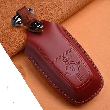 Imagem de YJADHU Porta-chaves de couro para carro com controle remoto inteligente porta-chaves da tampa da tampa do porta-chaves, adequado para Ford Mustang 2018 EcoSport, 3 botões vermelhos