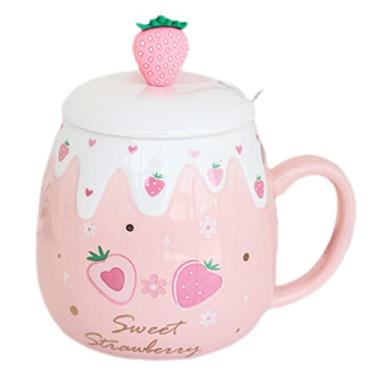 Imagem de Caneca de balão de ar quente com colher de tampa Caneca de leite de desenho infantil Caneca 3D Copo de café de cerâmica Presente de aniversário Casa (rosa morango doce, 480 ml)
