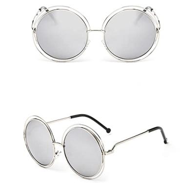 Imagem de Vintage redondo tamanho grande lente espelho óculos de sol feminino designer armação de metal senhora óculos de sol senhora, 12, prata, prata, outros