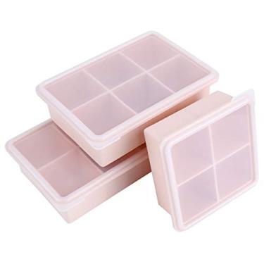 Imagem de 3 peças bandejas de cubos de gelo de silicone, molde flexível de bandejas de gelo com tampas, Recipiente de máquina de gelo para freezer com colher de tampa Acessórios de cozinha para moldes(Rosa)