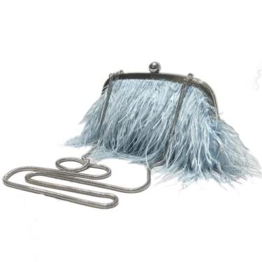 Imagem de Bolsa feminina de penas, bolsa de mão com corrente de pérolas, bolsa de noite feminina, Azul, M