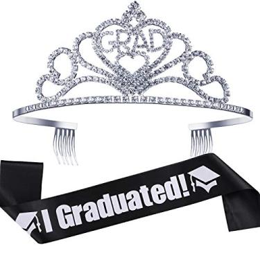 Imagem de Kits de suprimentos para festa de formatura 2022, tiara coroa de princesa de formatura de metal brilhante e faixa de graduação presente para decorações de festa de formatura lembrancinhas de decoração de graduação (preto)