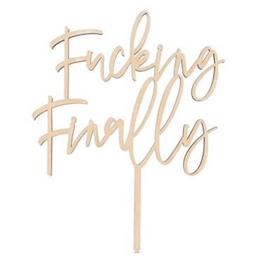 Imagem de LOVENJOY Topo de bolo divertido finalmente casamento em caixa de presente decorações divertidas de bolo Mr and Mrs, madeira rústica