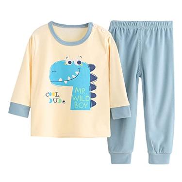 Imagem de Conjunto de pijama infantil macio para meninos e meninas com estampa de desenhos animados e manga comprida (azul, 18 a 24 meses)