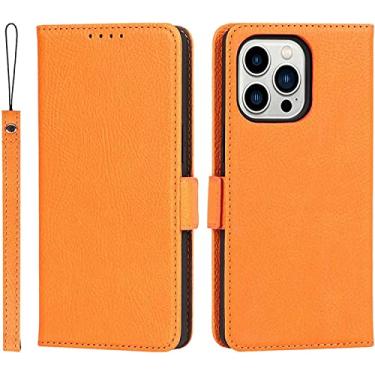 Imagem de GANYUU Capa para iPhone 13/13 Mini/13 Pro/13 Pro Max, capa carteira de couro genuíno flip com slot para cartão e suporte à prova de choque fecho magnético (cor: laranja, tamanho: 13 mini 5,4 polegadas)