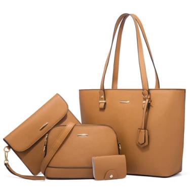 Imagem de Bolsa feminina de quatro peças bolsa de ombro bolsa carteira bolsa feminina da moda bolsa de ombro retrô celebridade nova bolsa de sogra de quatro peças na diagonal da moda de grande capacidade (Castanho)