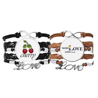 Imagem de DIYthinker Pulseira LGBT com bandeira de arco-íris mais amor menos ódio pulseira de mão corda de couro cereja amor conjunto duplo