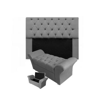 Imagem de Kit Cabeceira Mirage e Calçadeira Baú Veneza Solteiro 90 cm Suede Cinza - LM DECOR
