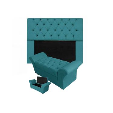 Imagem de Conjunto Cabeceira Mirage e Calçadeira Baú Veneza Casal 140 cm Suede Azul Turquesa - LM DECOR