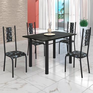Imagem de Conjunto Sala de Jantar Bahia Mesa Tubo 120x75cm Tampo Pedra Ardósia Indiana com 4 Cadeiras Preto Floral/Preto Fosco