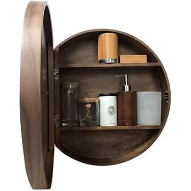 Imagem de Armário de espelho de banheiro redondo Armário de medicamentos de madeira maciça de 19,6 polegadas com espelho antiembaçamento, armazenamento montado na parede de 3 camadas com prateleira de madeira