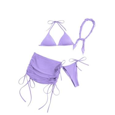 Imagem de SOLY HUX Biquíni triangular, feminino, 4 peças, com saia de praia de malha e estampa bandana, Roxo violeta puro, XXG