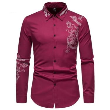 Imagem de Camisa social masculina estilosa bordada com dragão chinês slim fit abotoada camisa social masculina festa formatura smoking, Vinho tinto, GG