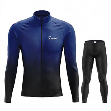 Imagem de Conjunto de camisa de ciclismo quente masculino de inverno térmico de lã para bicicleta ao ar livre manga longa 3D acolchoado babador calças para corrida, azul, 2