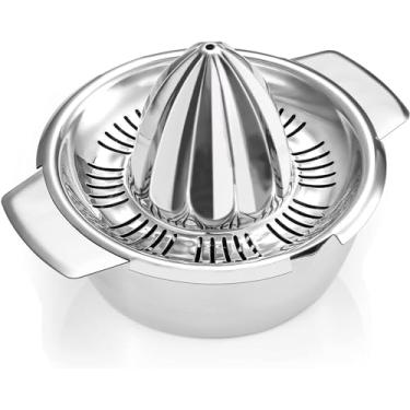 Imagem de Espremedor manual de limão e laranja, espremedor cítrico de aço inoxidável 304 com tigela de 425 g e 2 bocas, coador, espremedor de metal robusto para toranja pequena, pode ser lavado na lava-louças