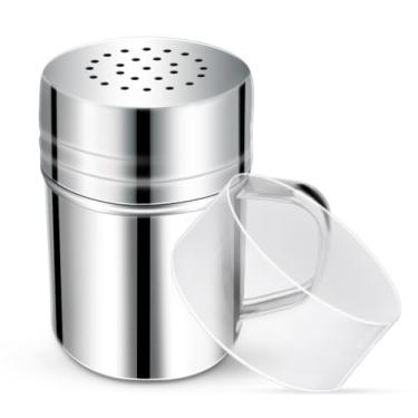 Imagem de Coqueteleira de aço inoxidável com alça de açúcar em pó, pimenteira, saleiro de metal de 170 g com furos e tampa, para temperos de canela e farinha de cacau