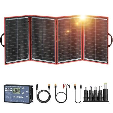Imagem de DOKIO Kit de painel solar dobrável portátil de 220 W 18 V (73,6 x 53,3 cm, 5,3 kg) com controlador 2 saídas USB para carregar baterias de 12 V/estação de energia (AGM, Lifepo4) RV Camping Trailer de emergência