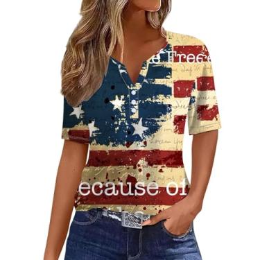 Imagem de Camisetas femininas de 4 de julho com estampa da bandeira americana túnica com botões soltos, camisetas patrióticas, blusas casuais para sair, Amarelo, P