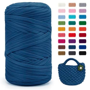 Imagem de JeogYong Fio de camiseta, 400 g/130 jardas tecido super macio de tecido de crochê, fio grosso de tricô à mão para sacos/cestas/tapetes, decoração de casa, artesanato DIY (azul jeans)