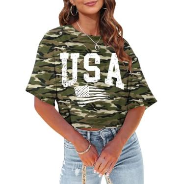Imagem de Camiseta cropped feminina com bandeira americana EUA camiseta patriótica 4 de julho Memorial Day camiseta feminina cropped tops, Camuflagem dos EUA, G