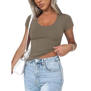 Imagem de REORIA Camisetas femininas básicas com gola redonda e manga curta, Cinza, marrom, GG